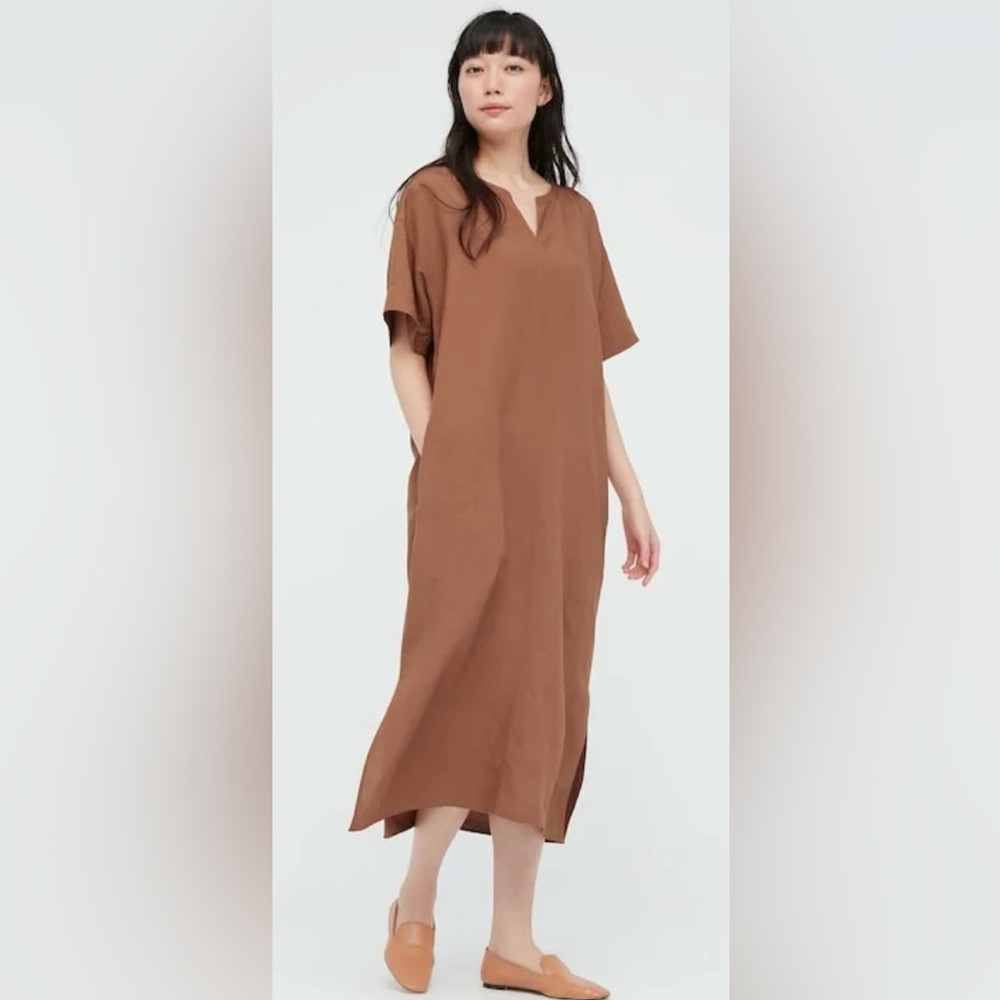 Uniqlo Women Linen Blend Short Sleeved Kaftan Brown Dress / Like New / XL
